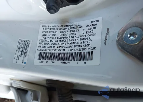 2019 Honda Civic Lx из США, поврежденный, VIN 2HGFC2F63KH517334